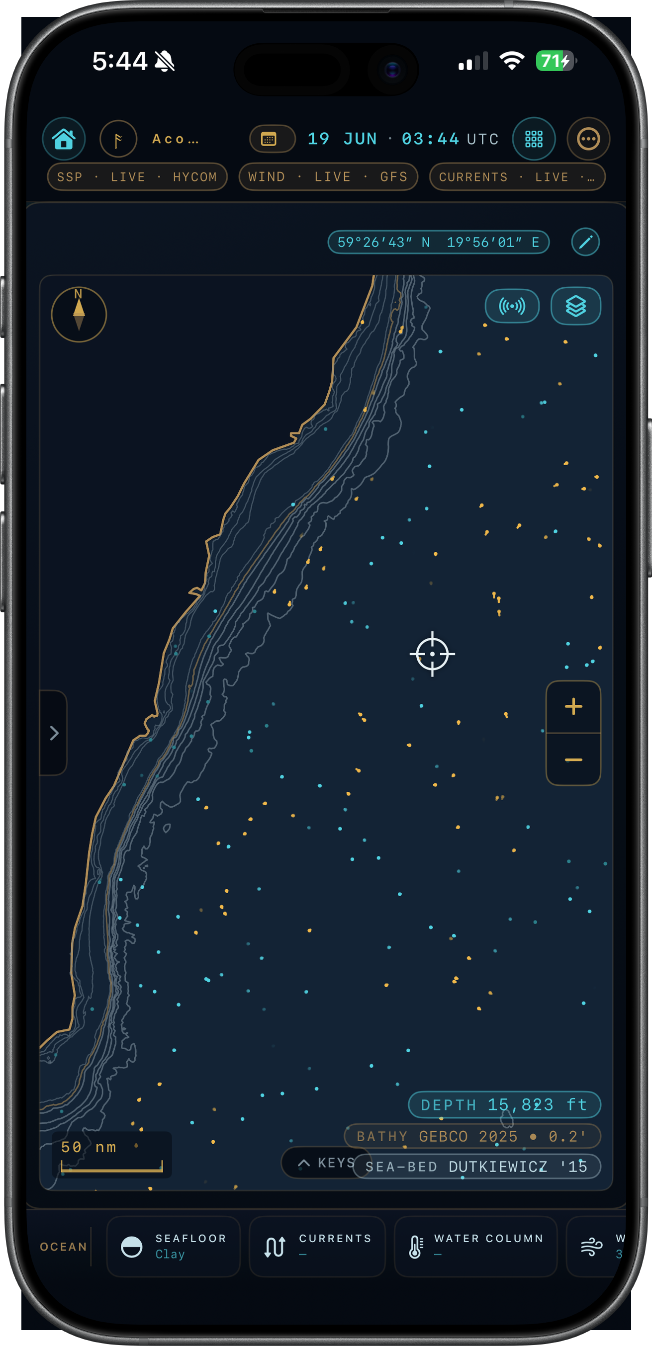 MuirWave on iPhone — coastal bathymetry chart with the probe pin.