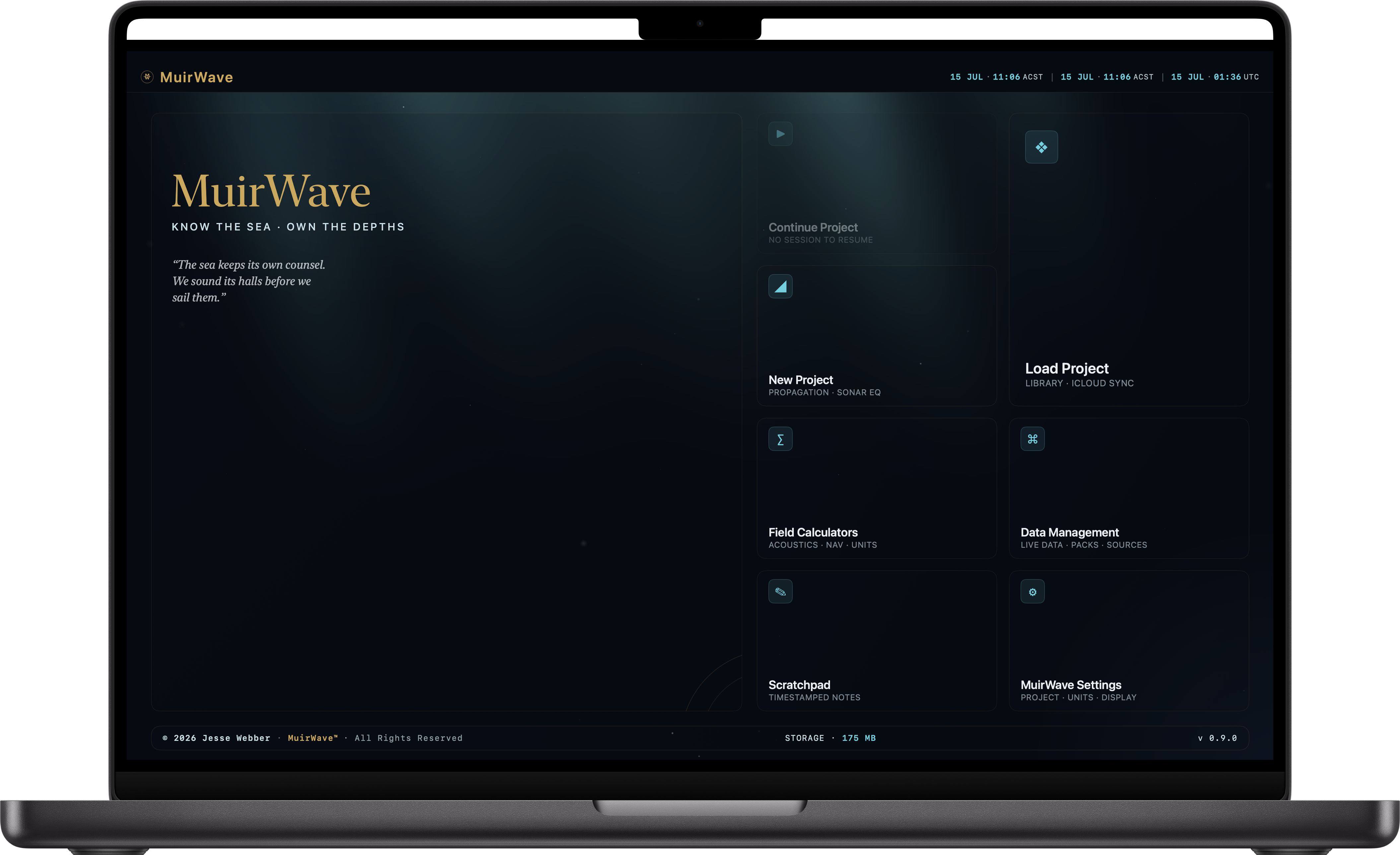 MuirWave on a MacBook Pro — the project landing screen.