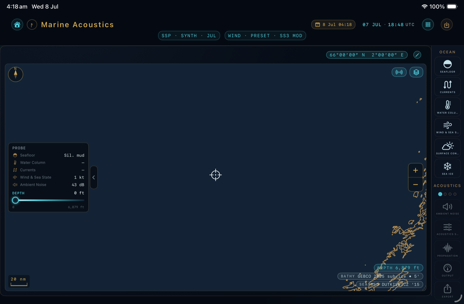 The Underwater Acoustics page: the chart, the Probe panel reading conditions at the cursor, and the panel rail down the right side.